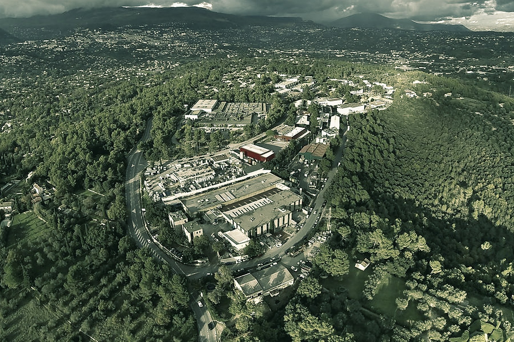 Vue aérienne du parc d'activités des Bois de Grasse, entouré de pinède, avec les collines du Pays de Grasse et la ligne de crête des Préalpes à l'arrière-plan